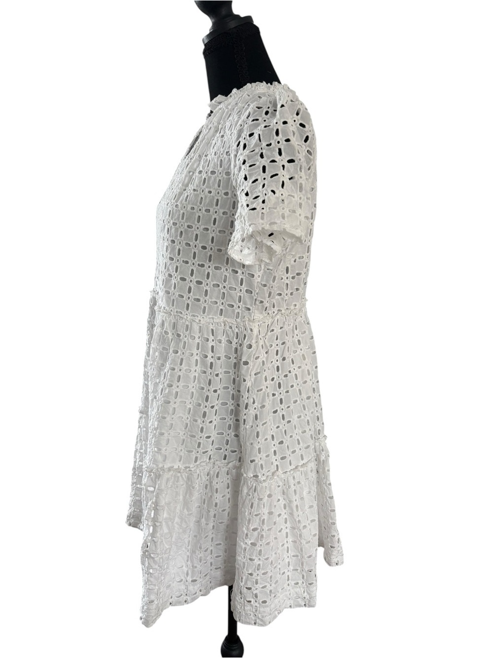 White Eyelet Tiered V-Neck Midi Dress - Picture 3 of 11